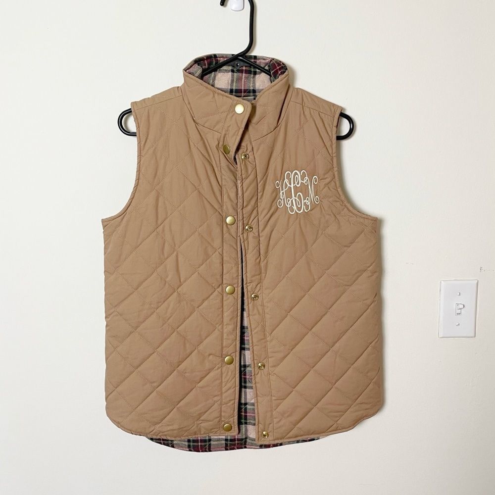 Marley Lilly Tan Quilted Reversible Plaid Monogram Vest